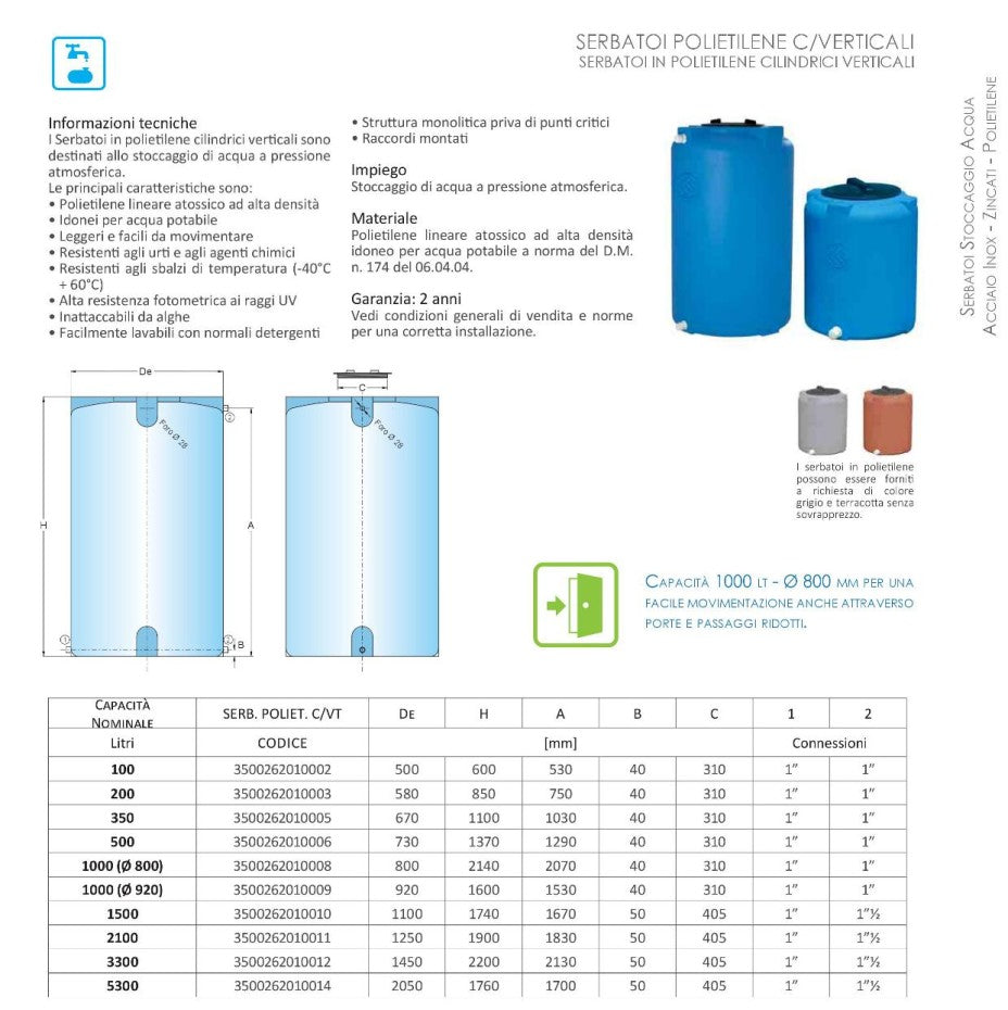 Serbatoio Cordivari in Polietilene 200 Litri Verticale per stoccaggio acqua